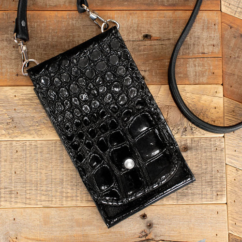 Women's Alligator Full Gloss Black Phone Purse