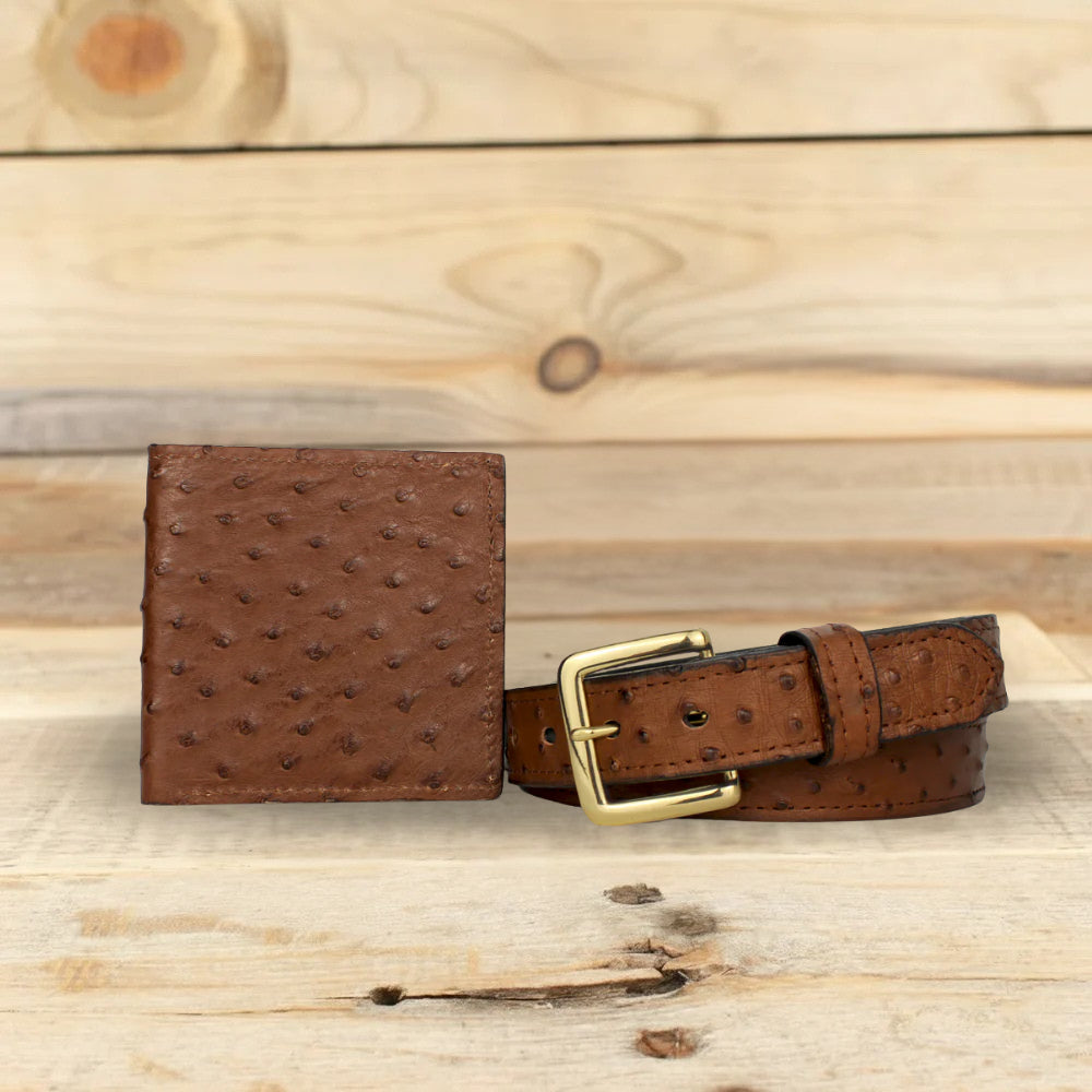 Brown Ostrich Leather Wallet & Belt Combo