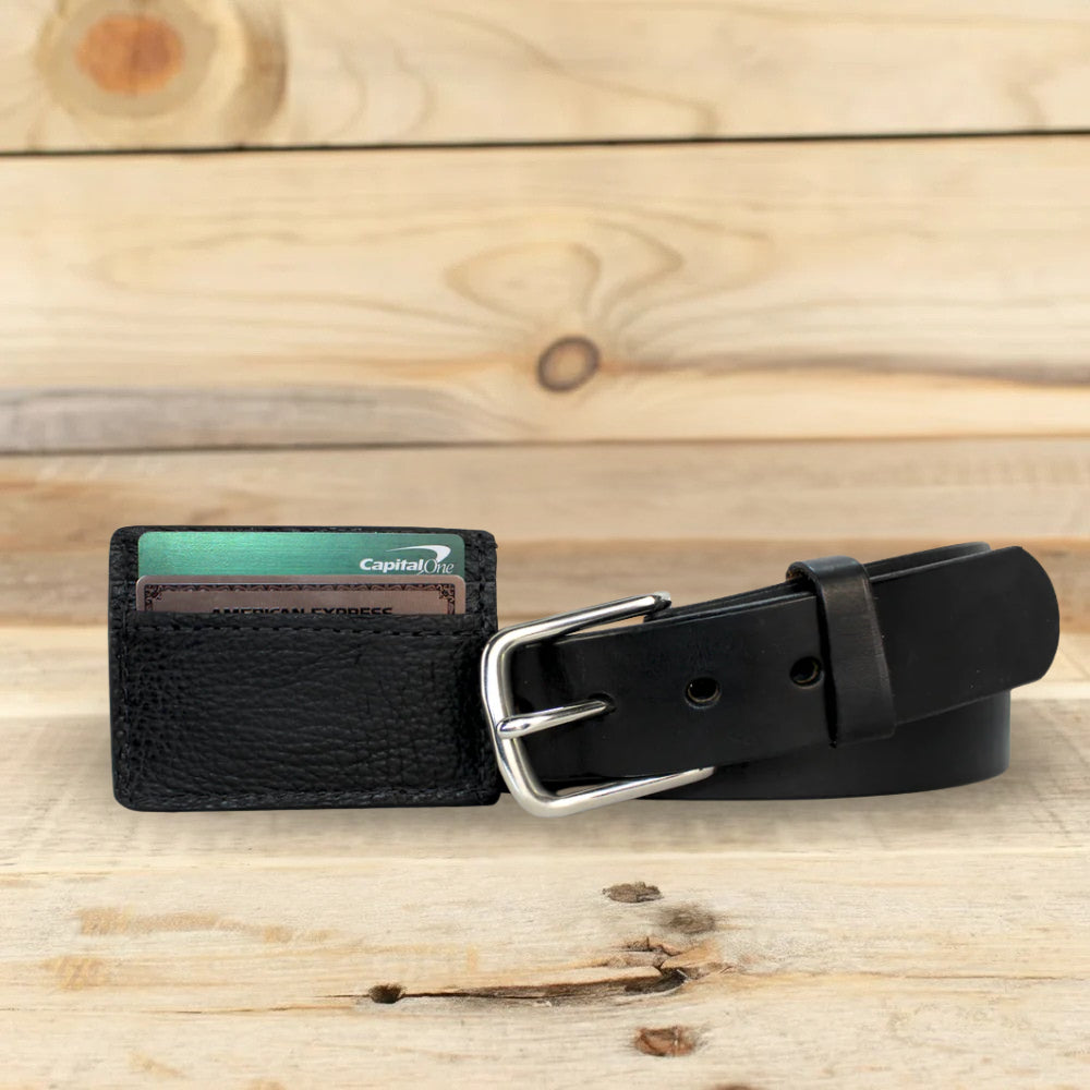 Smooth Black Leather Belt & Cowhide Money Clip Wallet Combo