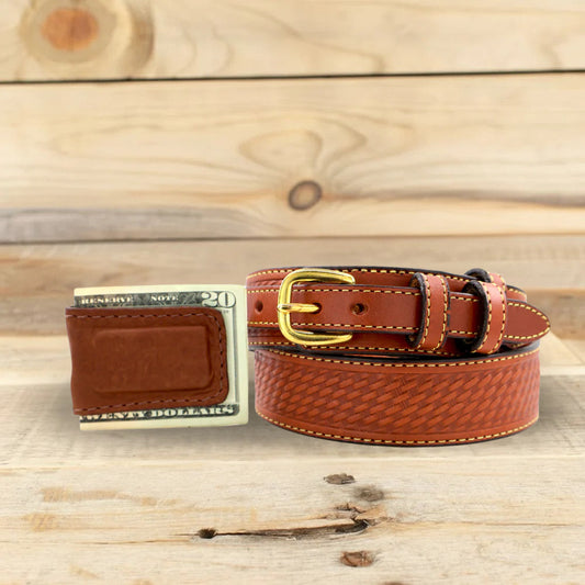 Basket Weave Chestnut Ranger Belt & Cowhide Cash Clip Combo