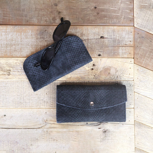 Python Black Suede Glasses Case & Clutch Bundle