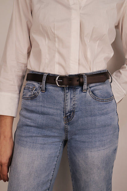 The Stitched Dakota - Women's Dark Brown Smooth 1" Belt with Silver Buckle