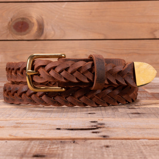 Distressed Brown Leather Braided Belt