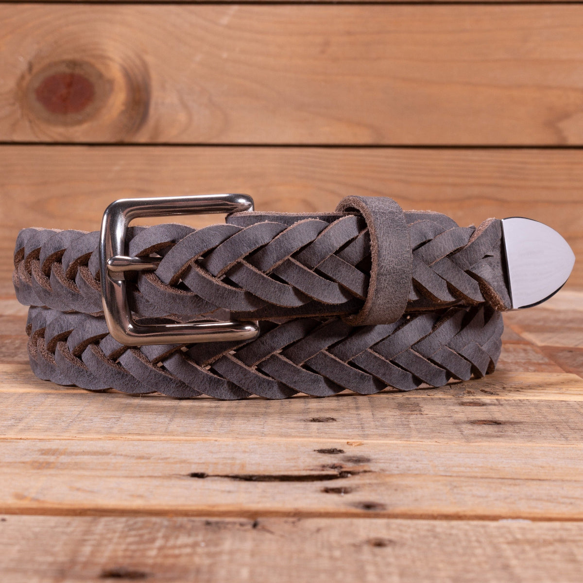 Stone Grey Leather Braided Belt