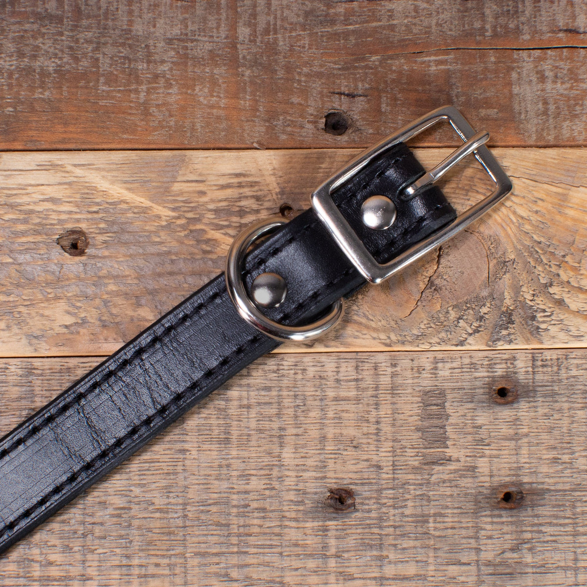 Distressed Stitched Black Leather Dog Collar